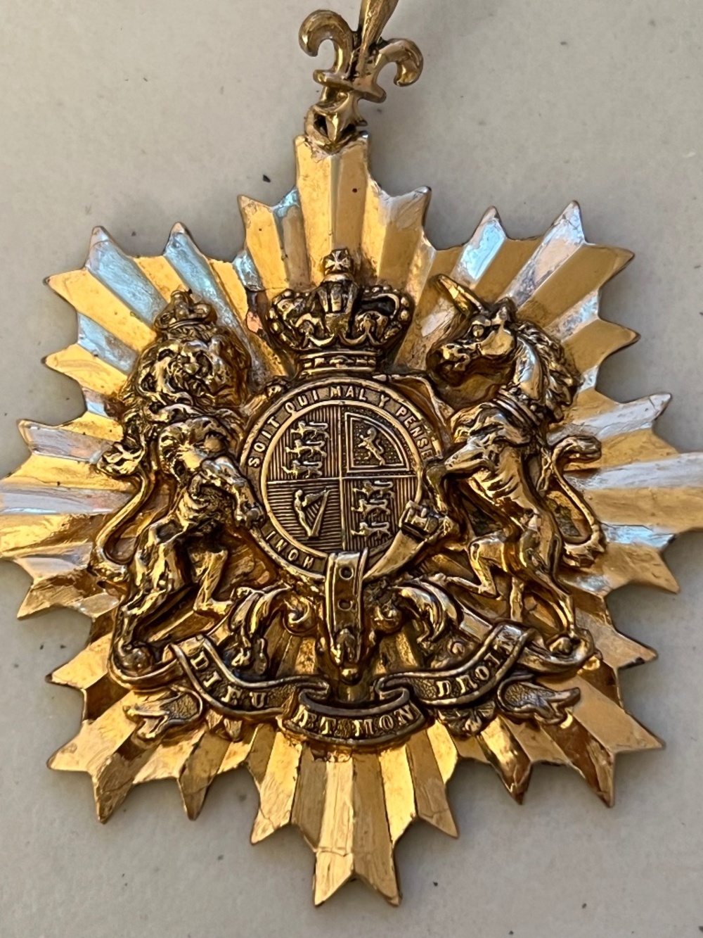 Vintage Regal Heraldic Royal Coat of Arms Sunburst Medallion Pendant, Gold To
